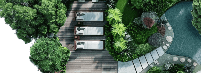 Outdoor areas design with pool and garden