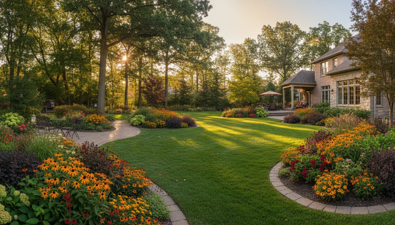 Beautiful landscaped backyard with plantings and lighting