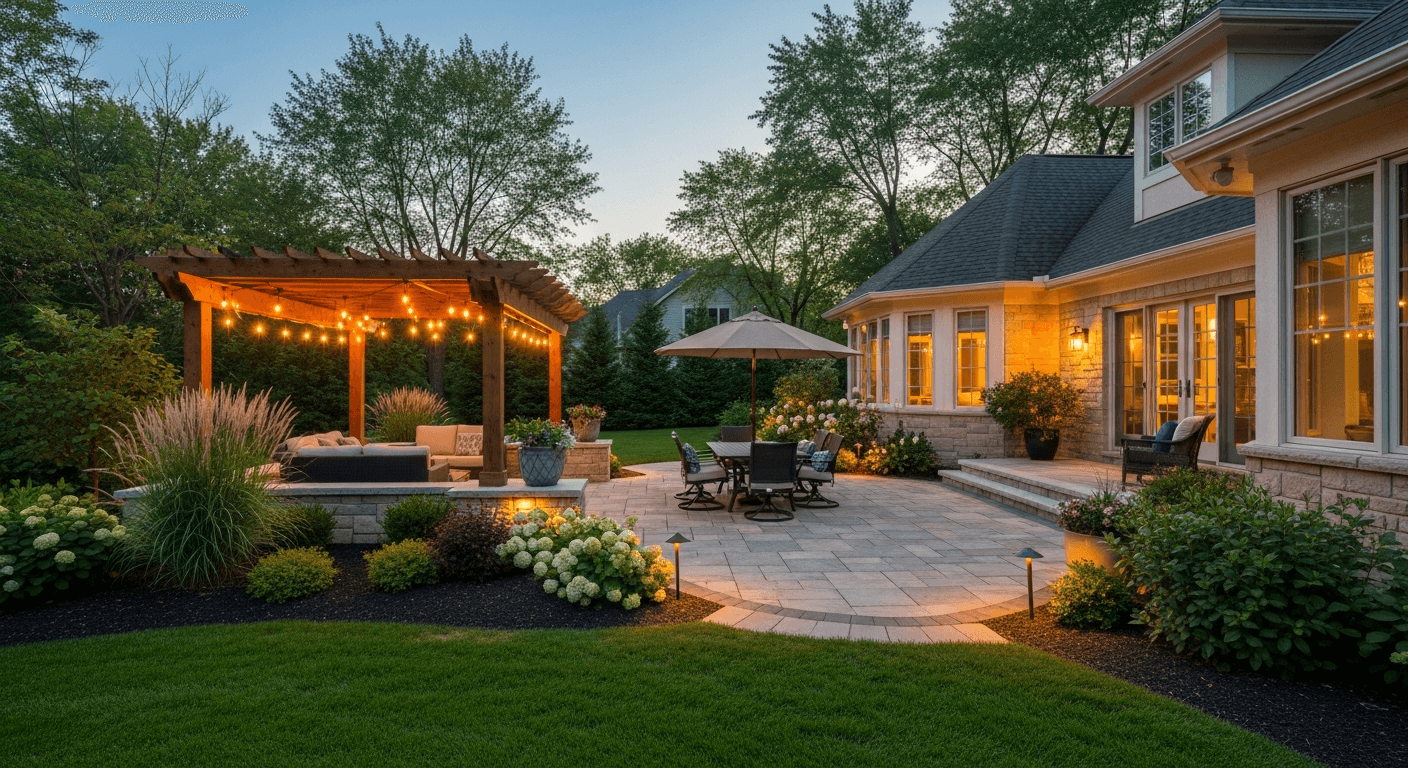 Designed outdoor living space with pergola and patio
