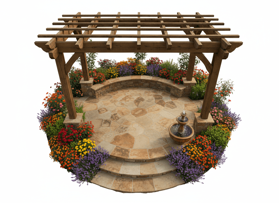 Professional outdoor design plan with patio, pergola, and plantings