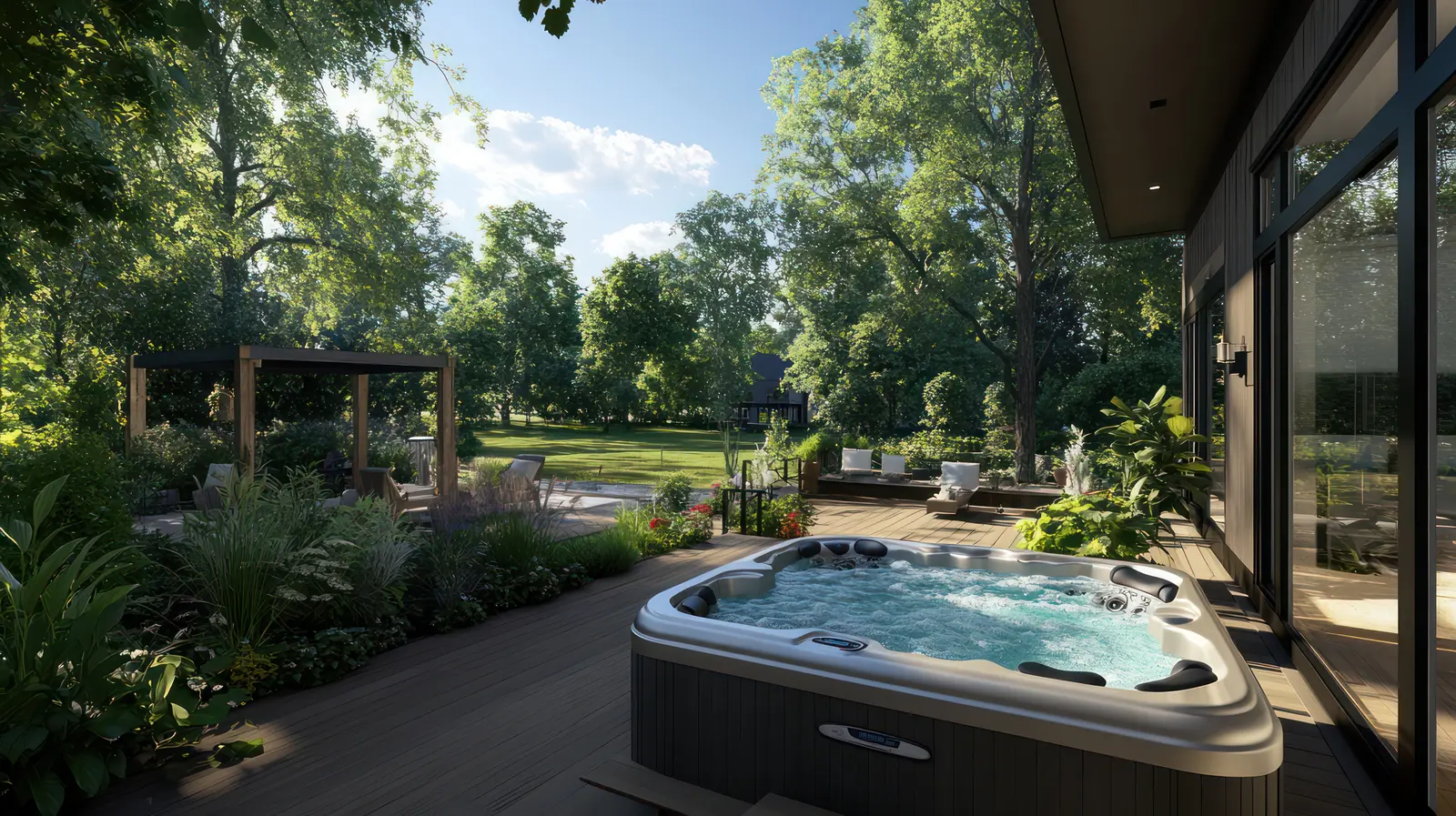 Luxury backyard pool with ambient lighting