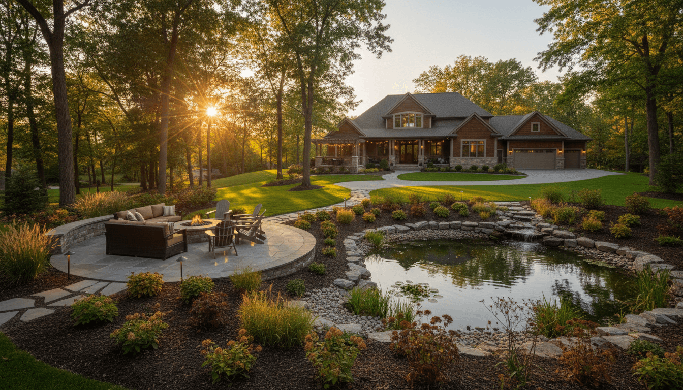 Landscape lighting illuminating an outdoor living area