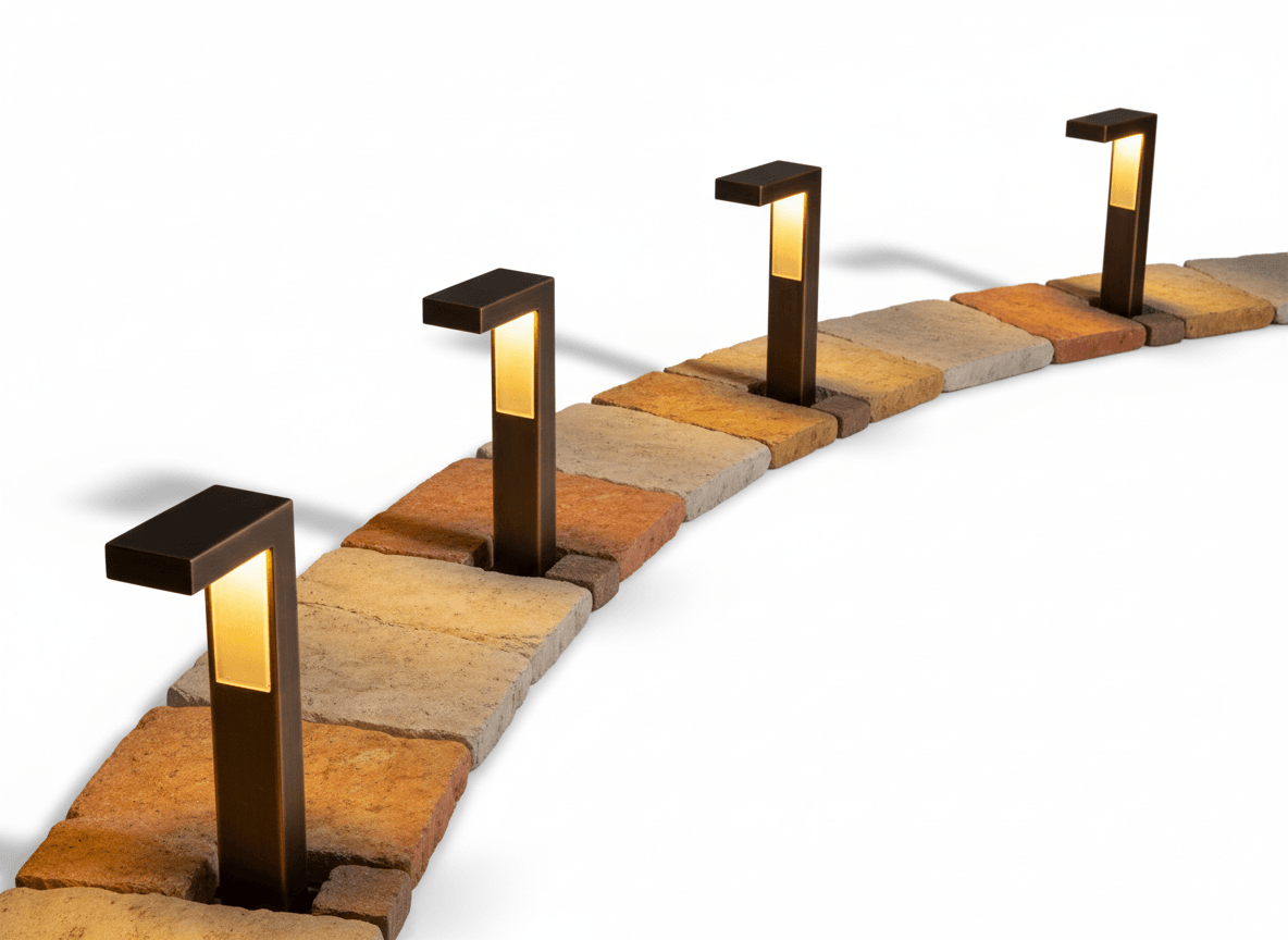 Professional landscape lighting illuminating a walkway and garden